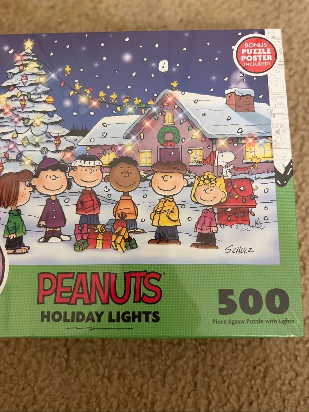 Brand New In Box Peanuts Charlie Brown Christmas Light Up 500-Piece Puzzle!
